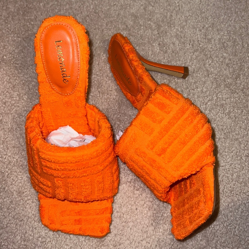 NIB Orange Towelling Patterned Strap High Square toe Heeled Mules (8)